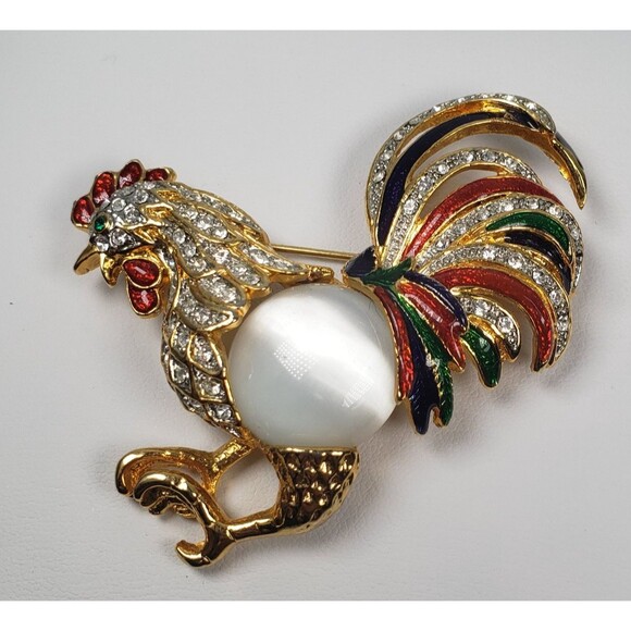 Vintage Moonstone Jelly Belly Body Enamel Crystal Rhinestone Rooster Brooch - Picture 8 of 13